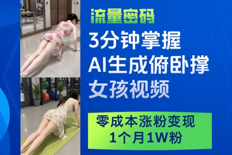 3分钟学会AI生成俯卧撑女孩视频，零成本涨粉变现，1个月1W粉丝-网赚项目资源库