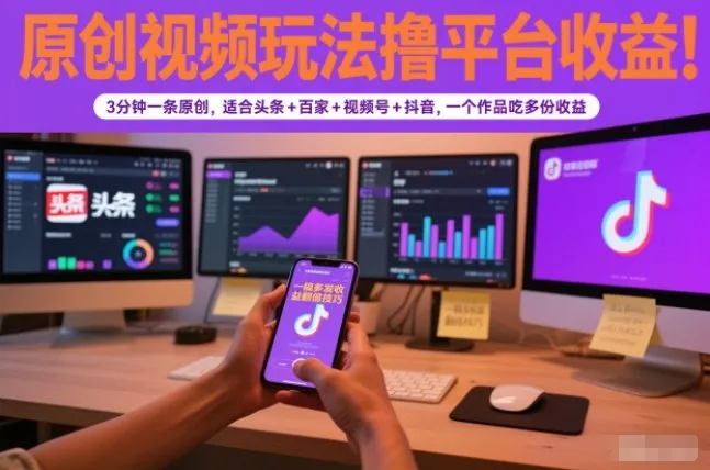 原创视频收益提升策略：3分钟产出，多平台同步，头条、百家、视频号、抖音一网打尽-网赚项目资源库