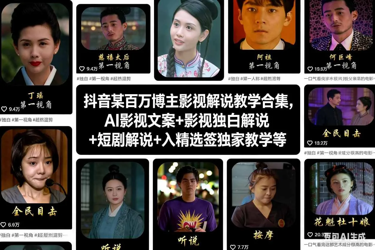 抖音百万博主影视解说教学合集：AI影视文案、独白解说、短剧解说及精选签独家教学-网赚项目资源库