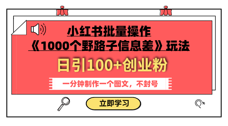 小红书批量操作《1000个野路子信息差》日引100+创业粉 一分钟一个图文-网赚项目资源库