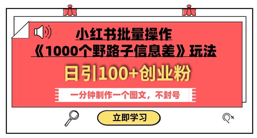 小红书批量操作《1000个野路子信息差》玩法，一分钟制作一个图文，不封号，日引100+创业粉-网赚项目资源库