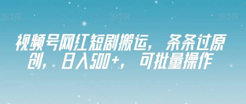揭秘视频号短剧搬运日入500+，原创可批量操作【条条过原创】-网赚项目资源库