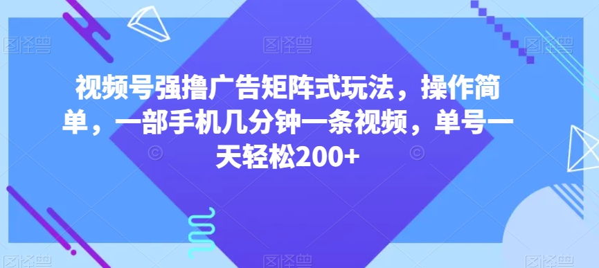视频号广告矩阵玩法揭秘：简单操作，手机拍摄高效视频，单号日收益200+-网赚项目资源库