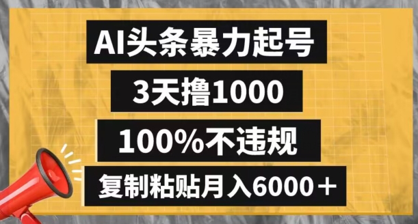 AI头条暴力起号，3天赚1000元，100%合规，月入6000+【揭秘】-网赚项目资源库