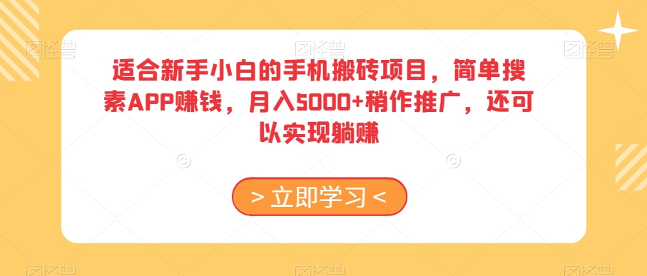 新手小白手机搬砖项目：简单搜索APP赚钱，月入5000+，推广躺赚揭秘-网赚项目资源库