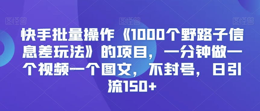 快手批量操作《1000个野路子信息差玩法》项目，一分钟制作视频图文，无封号风险，日引流150+-网赚项目资源库