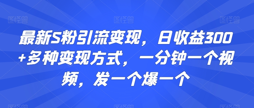 最新S粉引流变现技巧，日收益300+多种变现方式，一分钟制作一个视频，爆红概率高-网赚项目资源库