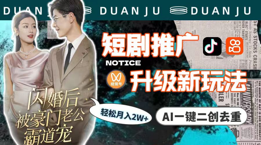 AI一键二创去重，短剧推广新玩法，轻松月入2w+教程+素材-网赚项目资源库