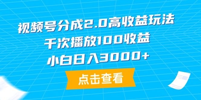 视频号2.0高收益攻略：千播放100元，新手日赚3000+-网赚项目资源库