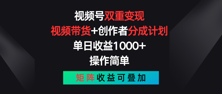 视频号双收益策略：视频带货与创作者分成计划，单日收益破千，操作简便，矩阵收益显著-网赚项目资源库