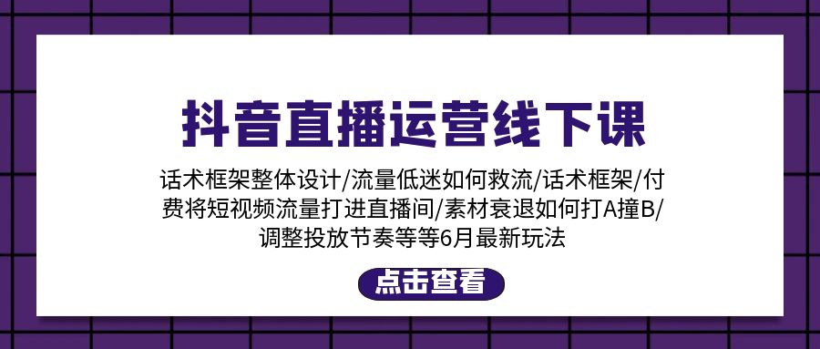 抖音直播运营线下课程：话术框架、付费流量直播间、素材A撞B等6月新玩法-网赚项目资源库