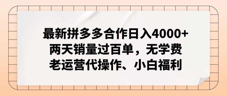 拼多多合作日入4000+，两天销量破百单，无学费、老运营代操作、小白福利-网赚项目资源库
