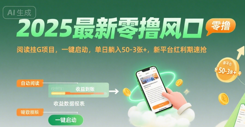 2025零撸风口：阅读挂G项目，一键启动，单日躺赚50-3张+，新平台红利期速抢【揭秘】-网赚项目资源库