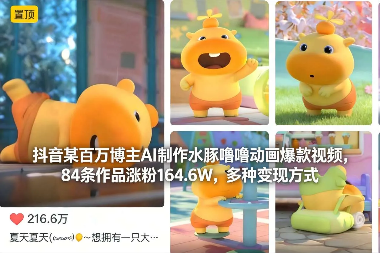 百万抖音博主AI制作水豚动画视频爆红，84作品涨粉164.6万，多渠道变现-网赚项目资源库
