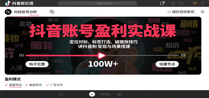 抖音账号盈利实战课程：定位、标签打造、破播放技巧，涨粉变现与场景搭建-网赚项目资源库