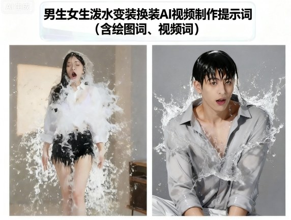 男生女生泼水变装换装AI视频制作提示词(含绘图词、视频词)-网赚项目资源库