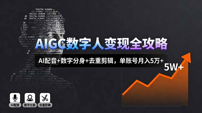 AIGC数字人变现全攻略:AI配音、数字分身与去重剪辑,单账号月入5万+-网赚项目资源库