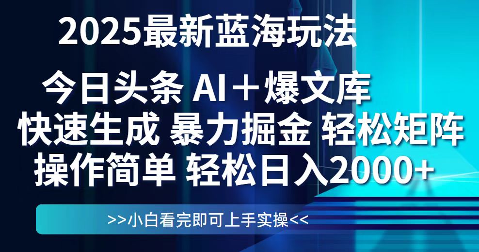 今日头条2025年蓝海策略揭秘：简单复制，日入2000+的快速盈利方法-网赚项目资源库