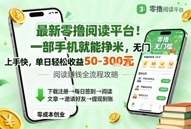 最新零撸阅读平台：一部手机轻松赚米，无门槛快速上手，单日收益50-300元【揭秘】-网赚项目资源库