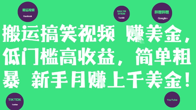 搬运搞笑视频轻松赚美金,低门槛高收益,新手月入上千美刀-网赚项目资源库