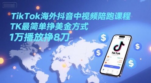 TikTok海外抖音中视频陪跑课程：TK最简单挣美金方式，1万播放赚8刀-网赚项目资源库