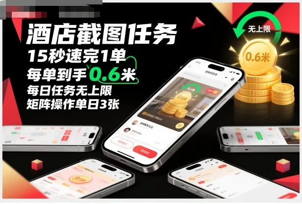 揭秘酒店截图任务：15秒速成，单日无上限收益，全网首发玩法，矩阵操作日赚3张-网赚项目资源库