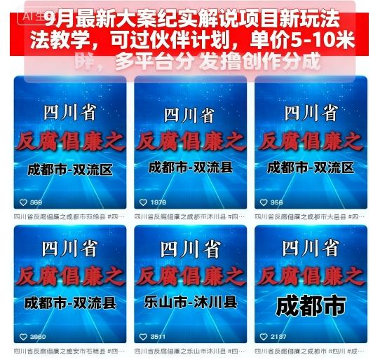 9月大案纪实新玩法教学：伙伴计划，单价5-10米，多平台分发创作分成-网赚项目资源库