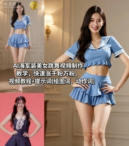 AI海军装美女跳舞视频制作教程，快速涨粉技巧，视频+提示词(绘图词、动作词)-网赚项目资源库