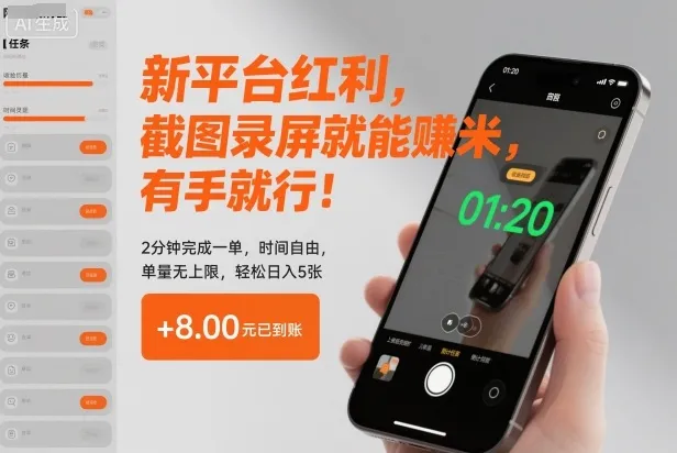 新平台红利：截图录屏轻松赚，2分钟完成一单，时间自由，日入5张无上限【揭秘】-网赚项目资源库