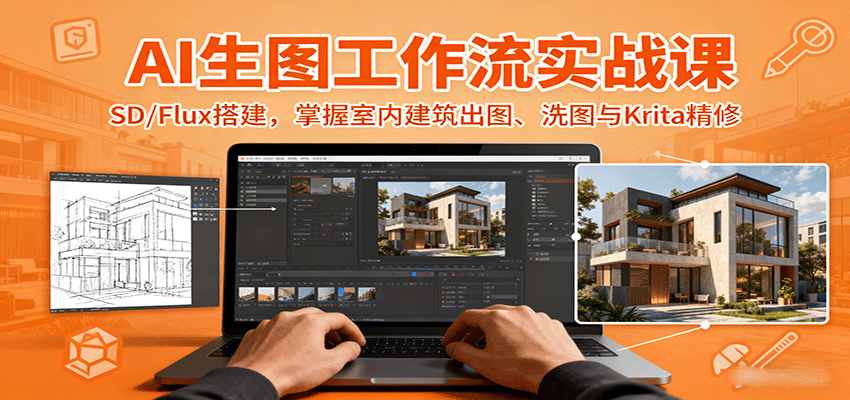 AI生图工作流实战课：SD/Flux搭建，掌握室内建筑出图、洗图与Krita精修-网赚项目资源库