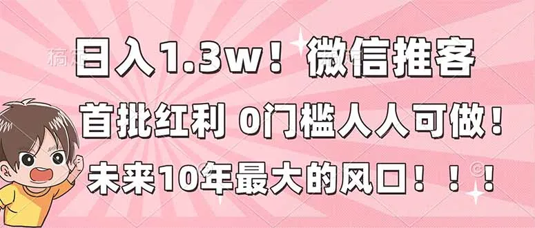 日入1.3万！微信推广，首批红利，未来十年最大风口，零门槛，人人可做！-网赚项目资源库