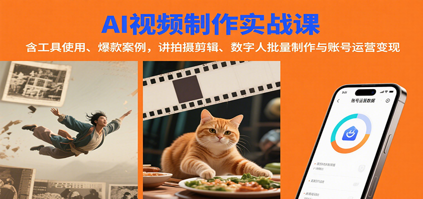 AI视频制作实战:工具使用、爆款案例解析,拍摄剪辑技巧与数字人批量制作及账号运营变现-网赚项目资源库