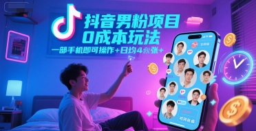 抖音男粉项目：0成本手机操作，日增4+粉丝，时间灵活-网赚项目资源库