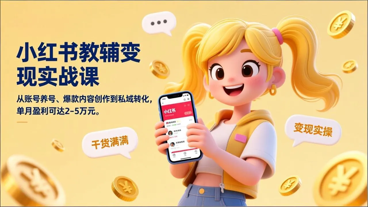 小红书教辅变现实战课程：从账号养号到私域转化，单月盈利2-5万元-网赚项目资源库