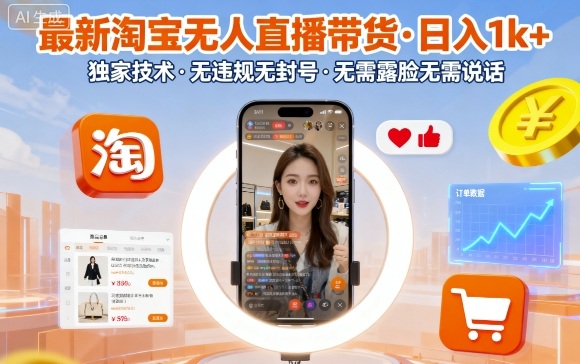 淘宝无人直播带货日入1k+，独家技术无违规封号，无需露脸说话【揭秘】-网赚项目资源库