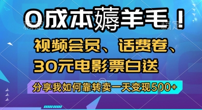 0成本薅羊毛!视频会员、话费券免费送,揭秘一天变现5张+【转卖技巧】-网赚项目资源库