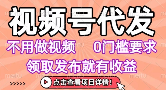 视频号代发服务，0基础操作，无剪辑需求，轻松领取收益，任务无限量，小白也能快速上手。-网赚项目资源库