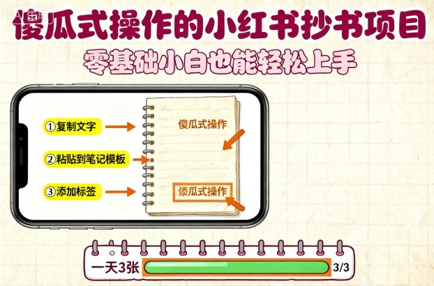 小红书抄书项目：傻瓜式操作，复制粘贴即可，零基础小白也能日赚3张-网赚项目资源库
