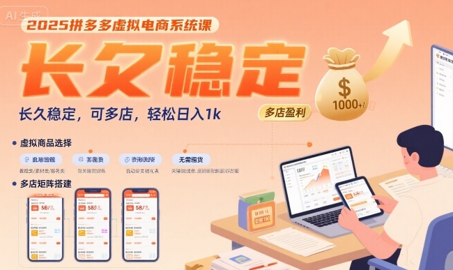 2025拼多多虚拟电商系统课程，长期稳定运营，支持多店铺，轻松日入1k-网赚项目资源库