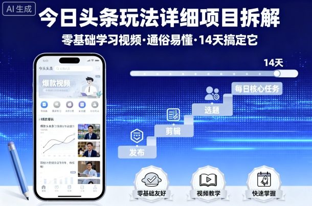 今日头条入门教程：14天精通视频制作，零基础也能懂-网赚项目资源库