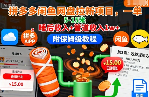 拼多多闲鱼网盘拉新项目，日入5-15元，睡后收入+管道收入1万+（保姆级教程）-网赚项目资源库