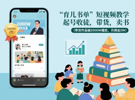 育儿书单短视频教学起号收徒带货卖书月佣金2W-网赚项目资源库