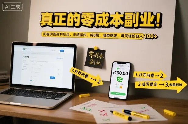 揭秘：真正的零成本副业，问卷调查暴利项目，无脑操作，纯0撸，每天轻松日入100+-网赚项目资源库
