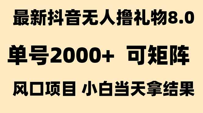 抖音无人撸礼物8.0玩法：全新风口，见效果快，单号当天产出2000+-网赚项目资源库