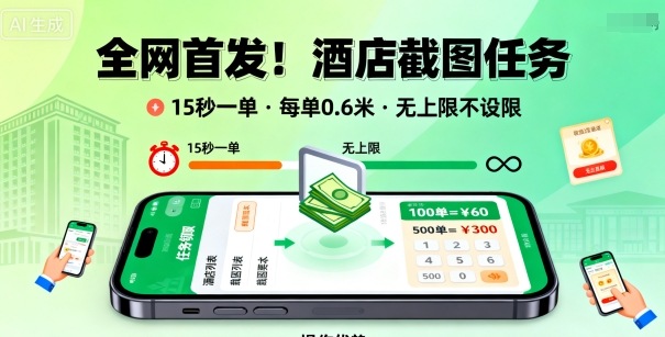 全网首发！酒店截图任务，15秒一单，每单0.6米，任务无上限不设限，矩阵操作单日3张到手【揭秘】-网赚项目资源库