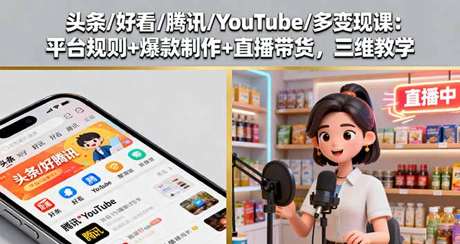 腾讯YouTube多变现课程：平台规则+爆款制作+直播带货，三维教学-网赚项目资源库