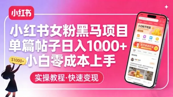 小红书女粉项目揭秘：单帖日入1k+，小白零成本轻松上手-网赚项目资源库