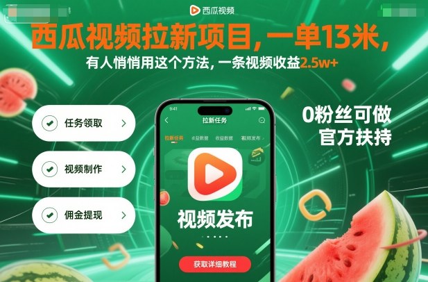 西瓜视频拉新项目，单条视频收益2.5万+，揭秘高效方法(附教程)-网赚项目资源库