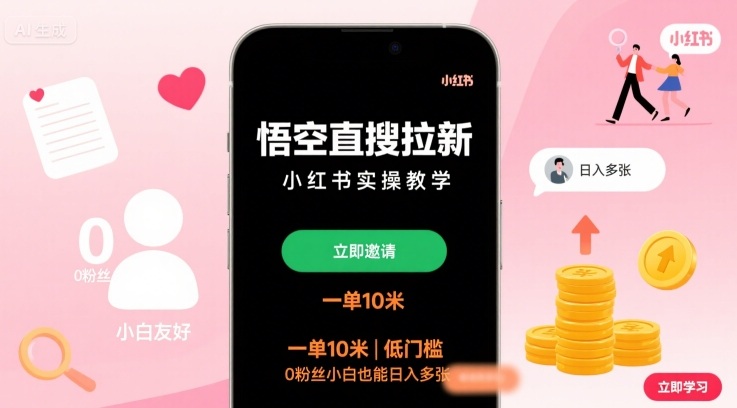 悟空直搜拉新小红书实操教程，低门槛日入多张，0粉丝小白也能操作-网赚项目资源库