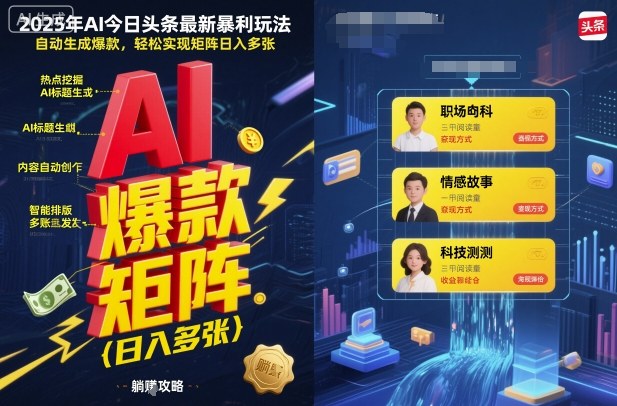 2025年AI头条暴利新策略，自动生成爆款，实现矩阵日入多张-网赚项目资源库